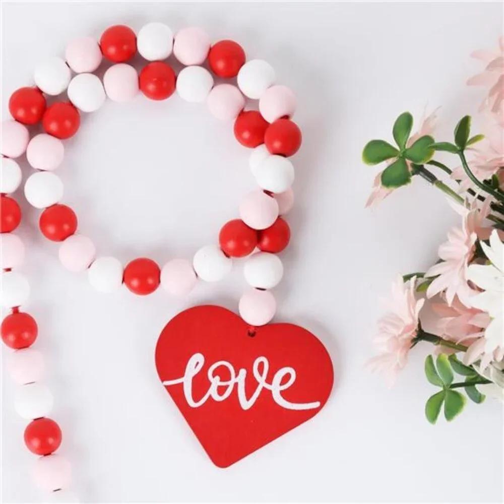 Farmhouse Wood Beaded Garland with Tassel, Valentines Day Decor